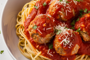 Plate of spaghetti topped with tender turkey meatballs in a rich marinara sauce, garnished with Parmesan and basil.