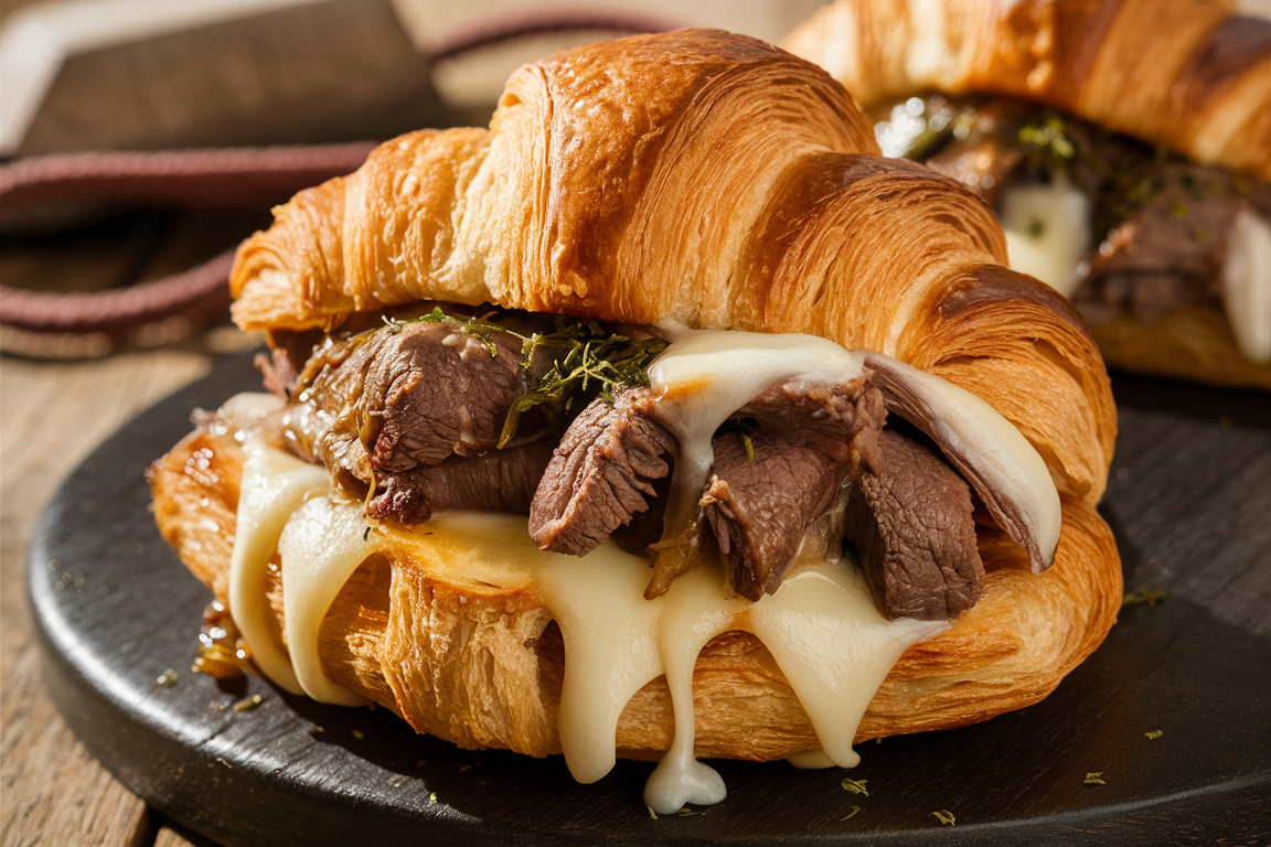 Flaky croissant filled with melted cheese and seasoned beef, golden brown and delicious.