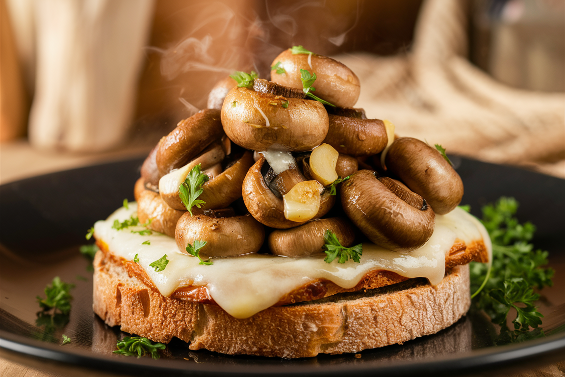 Sautéed mushrooms served on a slice of toasted bread, garnished with fresh herbs.