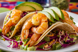 Fresh shrimp tacos topped with crunchy slaw, creamy avocado slices, and a drizzle of sauce, served on warm tortillas.