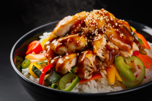 Grilled teriyaki chicken served over a bed of rice with steamed vegetables and a drizzle of teriyaki sauce.