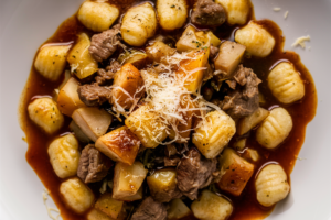 Delicious beef and potato gnocchi served in a rich, savory sauce with herbs.