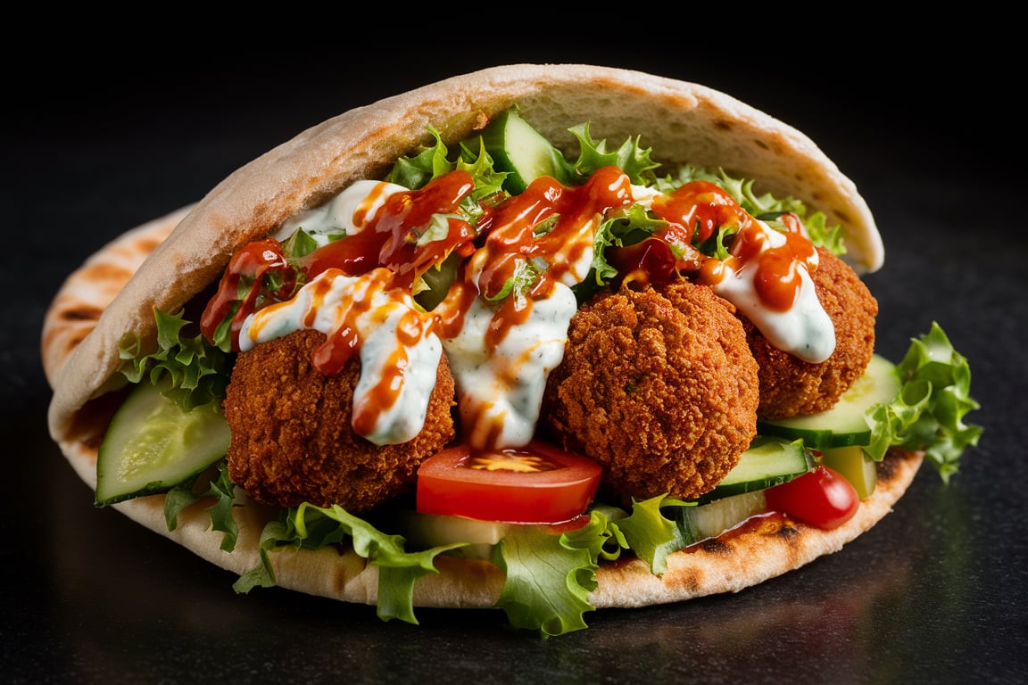 Freshly made falafel stuffed in a pita bread with lettuce, tomatoes, and tahini sauce.