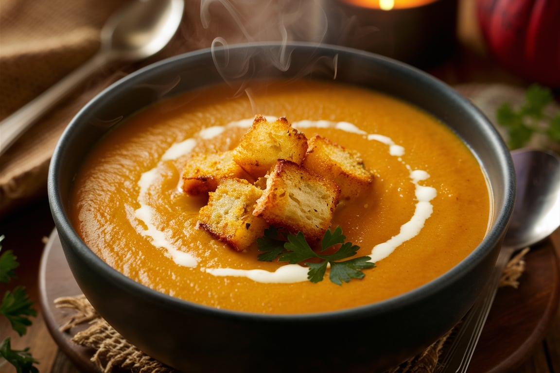 Velvety pumpkin soup served in a bowl, topped with crispy garlic croutons.