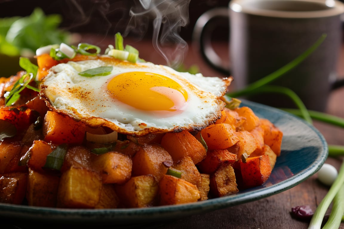 Colorful sweet potato hash with diced vegetables and topped with a fried egg.