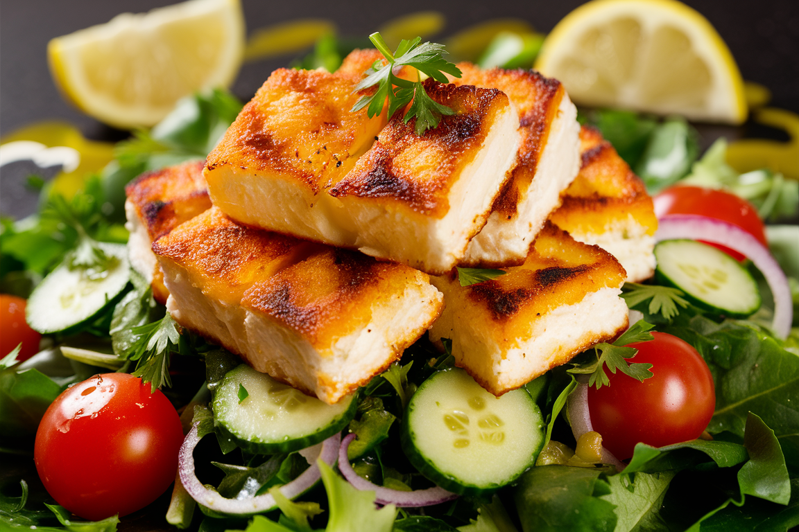 Grilled halloumi cheese served on a bed of mixed greens, with cherry tomatoes and a light vinaigrette dressing.