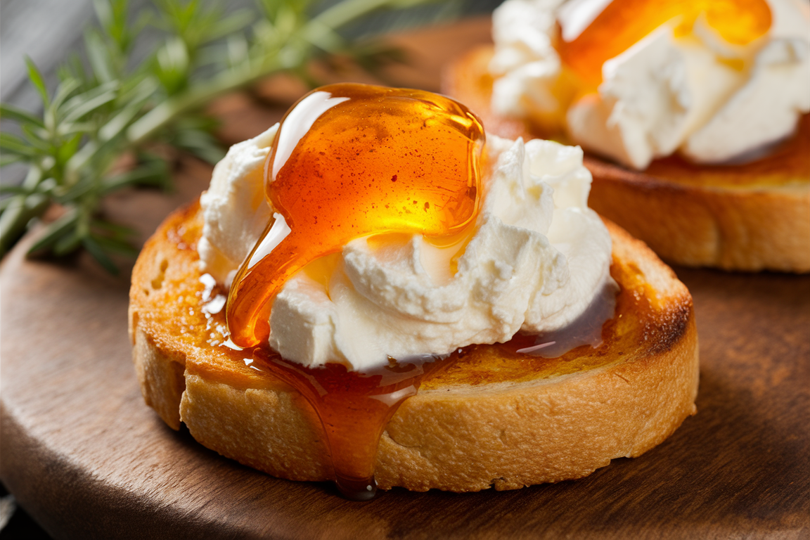 Crispy toast topped with creamy ricotta and drizzled with golden honey.