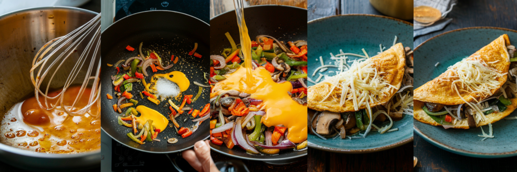 A step-by-step process of whisking eggs, sautéing vegetables, pouring the egg mixture, and folding an omelet with cheese.