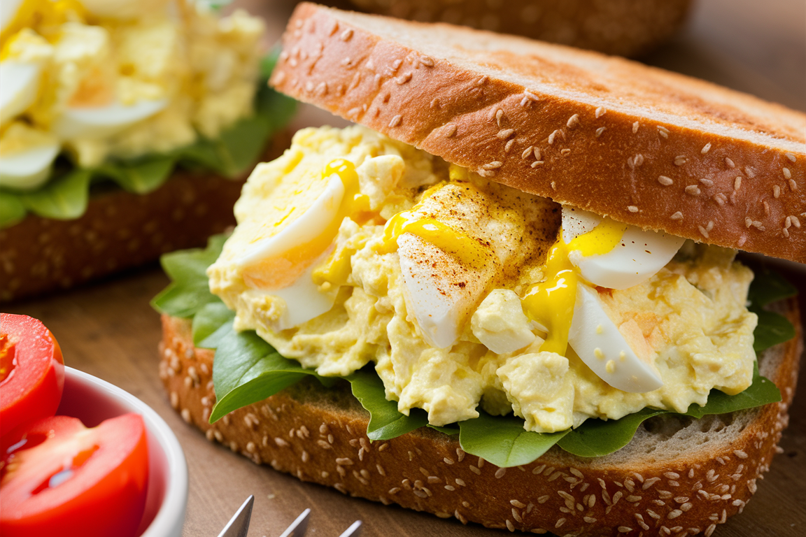 Egg salad sandwich with creamy egg mixture, lettuce, and sandwich bread.