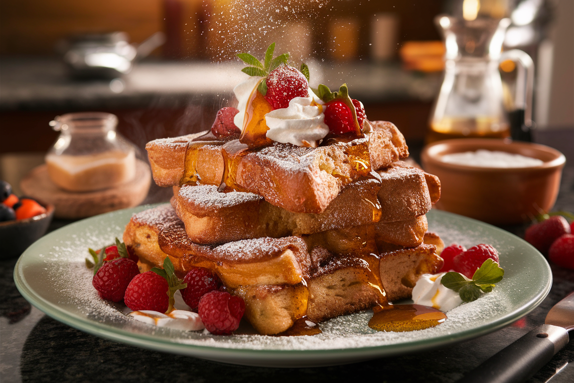 Golden-brown French toast slices topped with powdered sugar, syrup, and fresh berries.