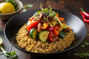 Colorful bulgur grain bowl with roasted vegetables, topped with fresh herbs.