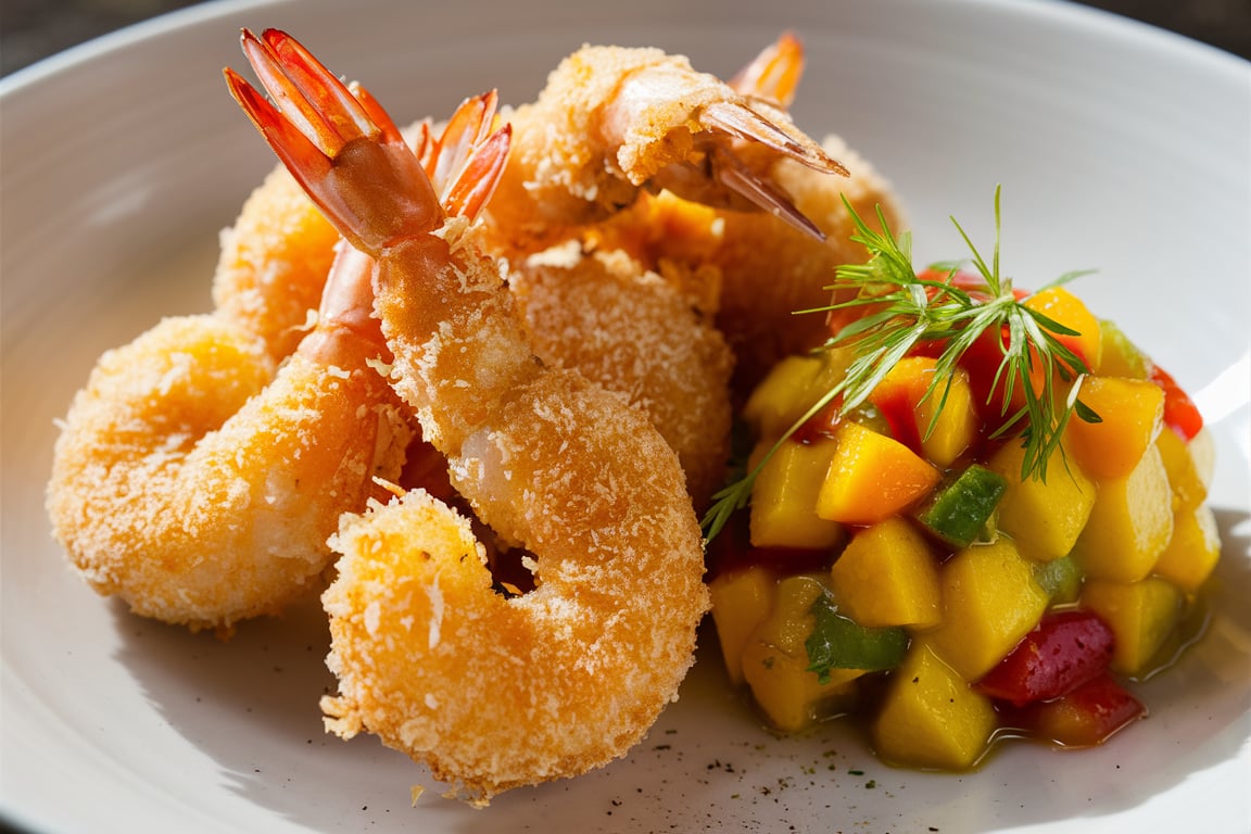 Golden crispy coconut shrimp served with fresh mango salsa.