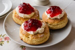 Freshly baked scones served with strawberry jam and clotted cream on the side.