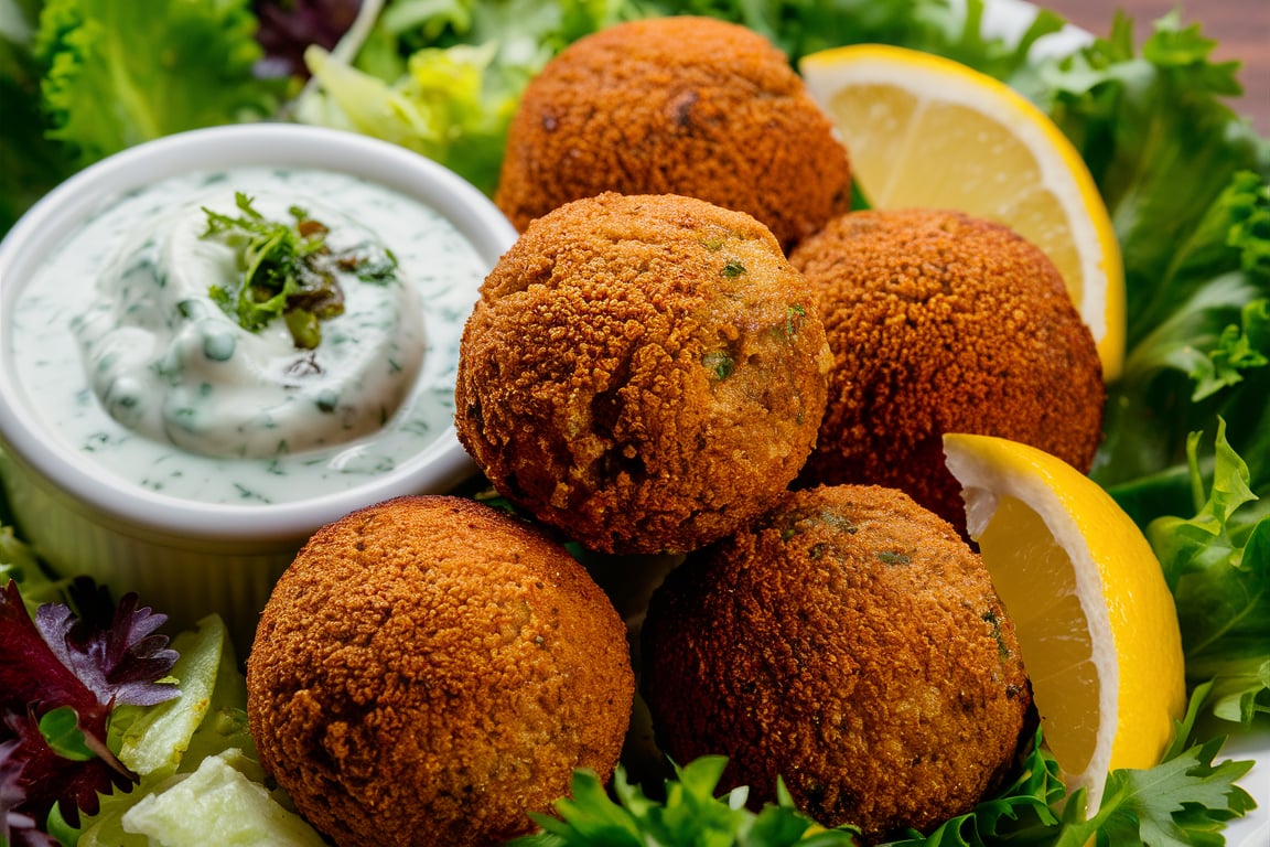 Golden, crispy baked falafel served with a side of creamy tzatziki sauce.