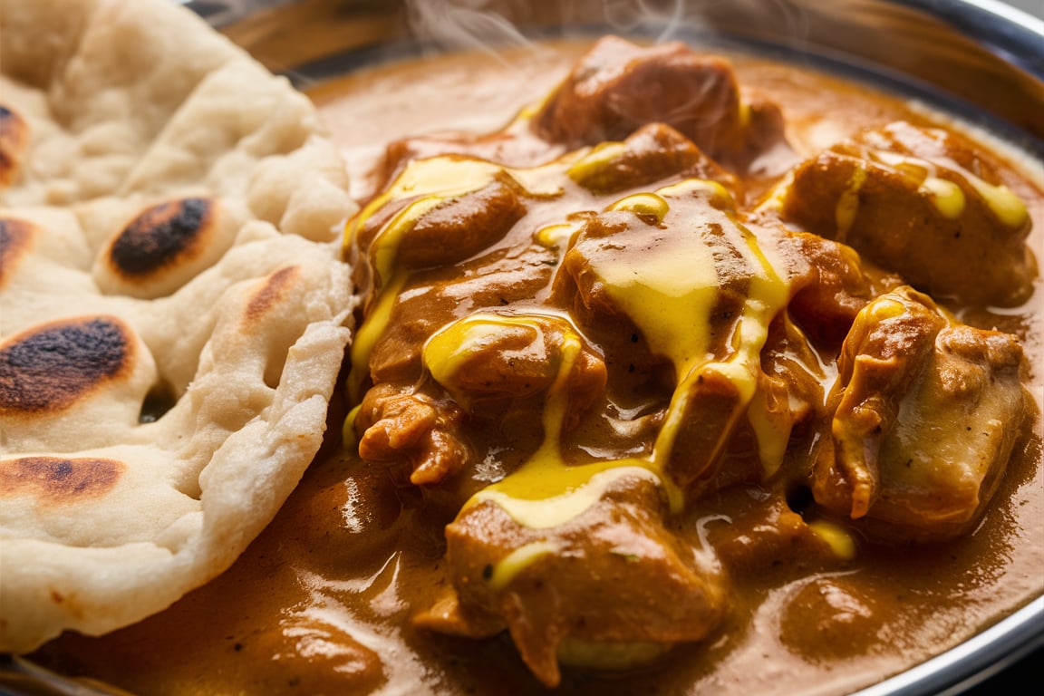 Rich butter chicken served with a side of soft, fluffy naan bread.