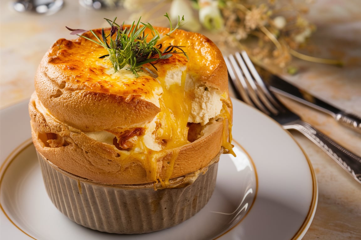 Light and fluffy egg and cheese soufflé, golden and baked to perfection.