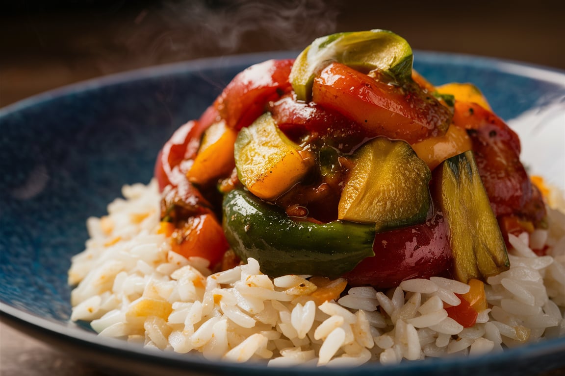 Colorful ratatouille served with a side of fluffy rice.