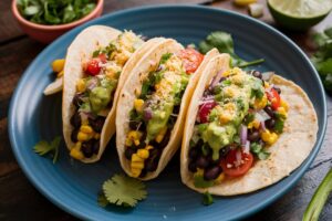 Delicious corn and black bean tacos topped with fresh cilantro and a squeeze of lime.