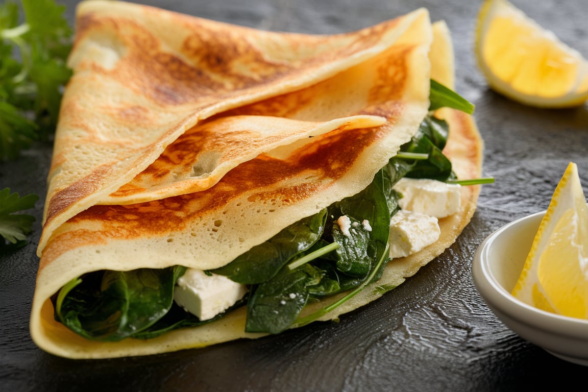 Delicious savory crepes filled with sautéed spinach and crumbled feta, garnished with fresh herbs.