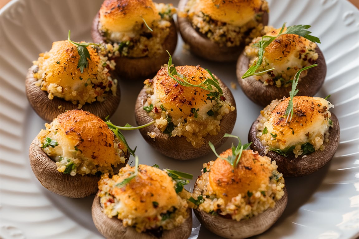 Stuffed mushrooms filled with quinoa, herbs, and vegetables, garnished with fresh parsley.