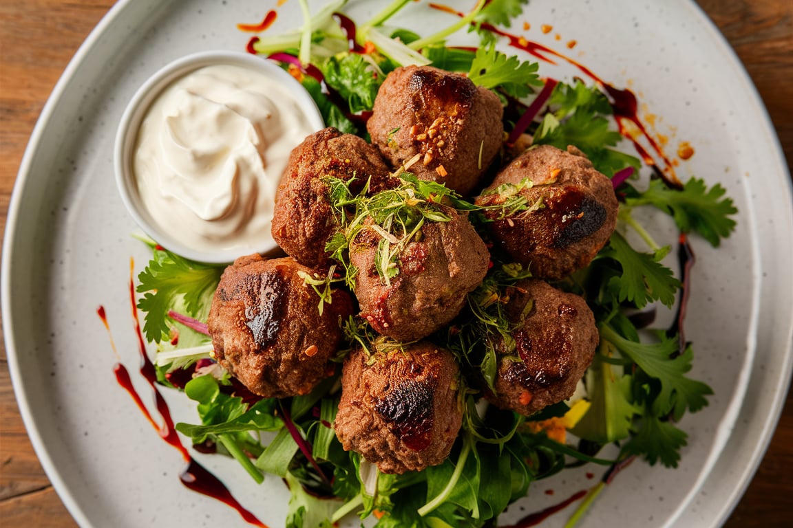 Tender lamb kofta skewers served with a creamy yogurt sauce and fresh herbs.