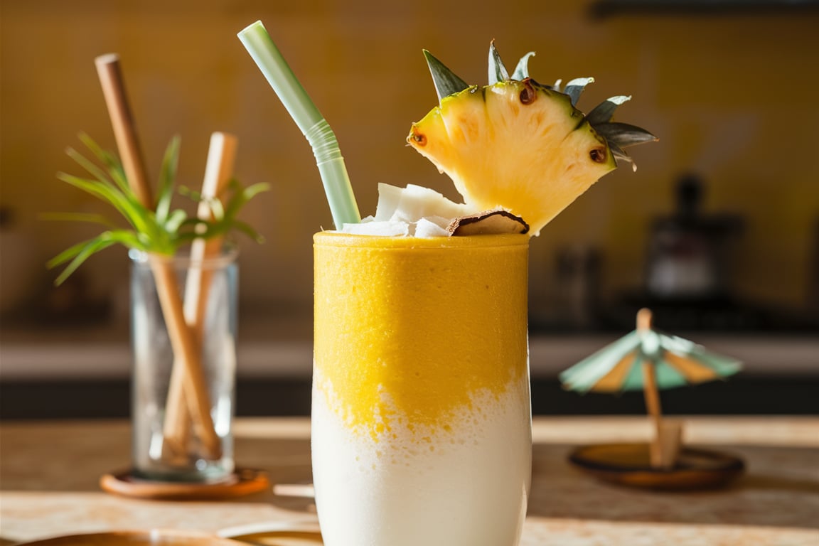 Refreshing pineapple and coconut smoothie served in a glass, garnished with a slice of pineapple.