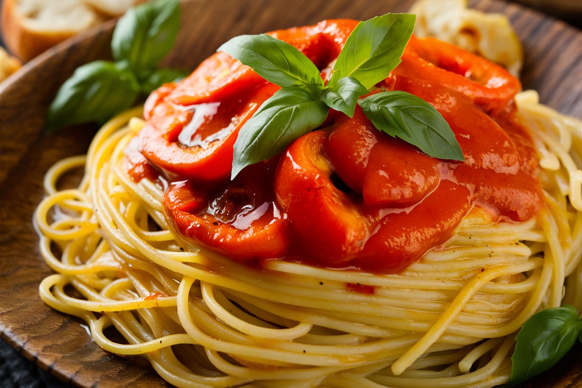 Spaghetti topped with a rich, creamy roasted red pepper sauce and garnished with herbs.