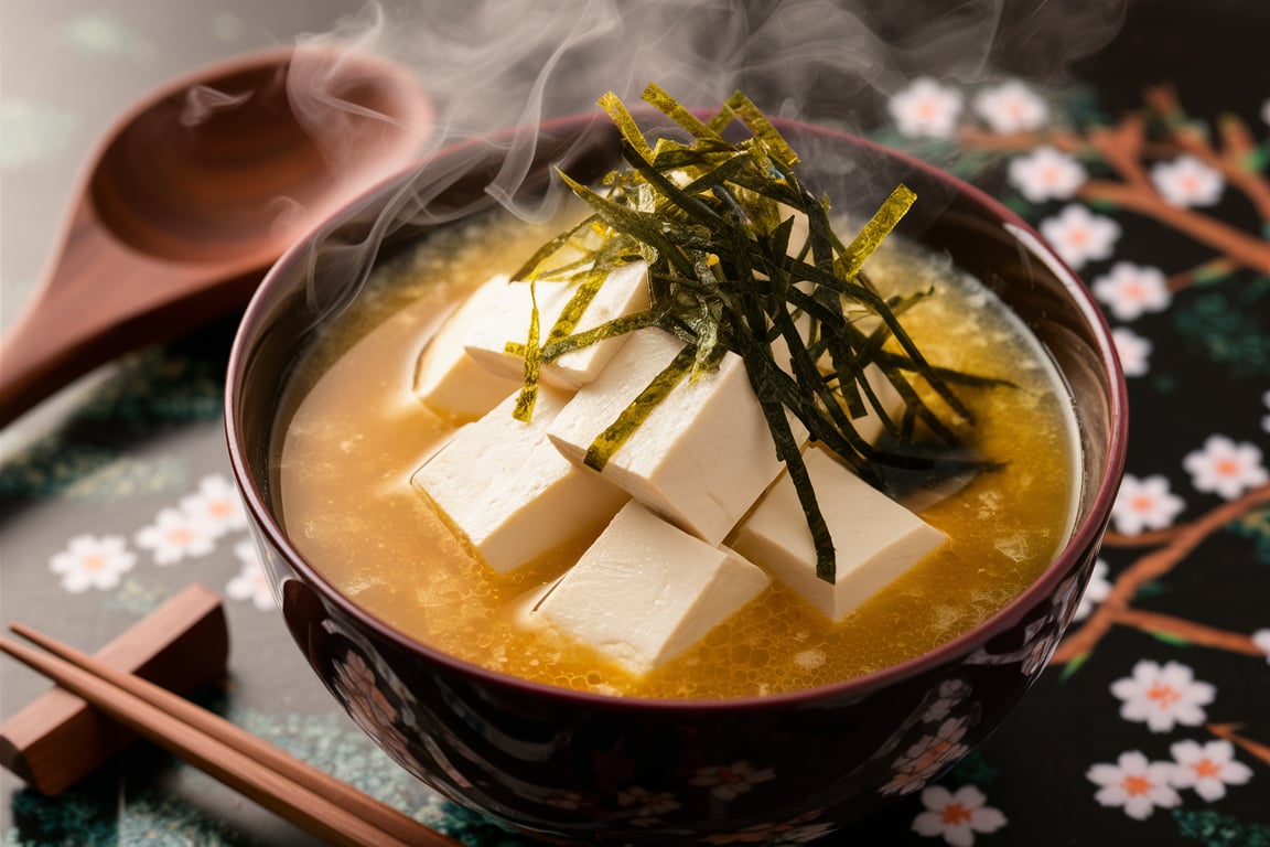 Warm miso soup with tofu cubes, seaweed, and green onions in a bowl.