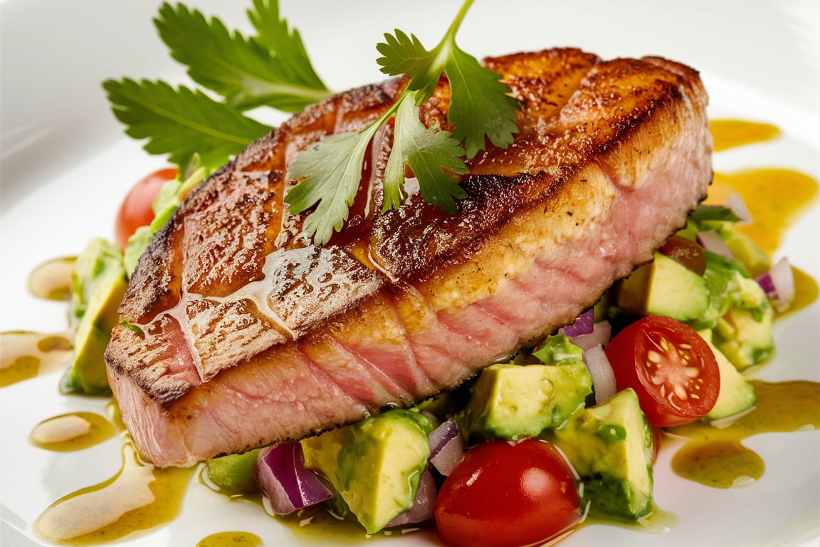 Perfectly seared tuna steak topped with fresh avocado salsa.