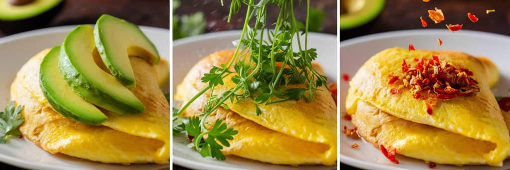 A series of omelets topped with different ingredients: sliced avocado, fresh parsley, and red chili flakes.