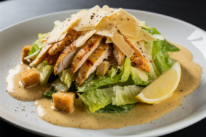 Chicken Caesar salad with grilled chicken, crispy romaine, croutons, and Caesar dressing.