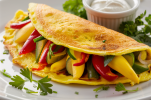 Fluffy omelet filled with colorful vegetables like bell peppers, tomatoes, and spinach.