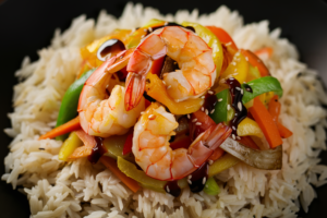 Colorful shrimp stir-fry with vegetables and a savory sauce.