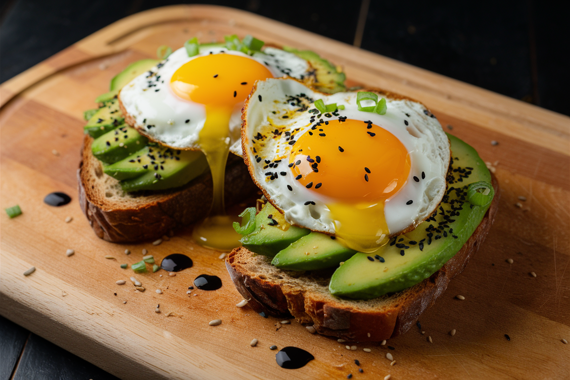 Avocado toast topped with a perfectly fried egg, garnished with herbs.