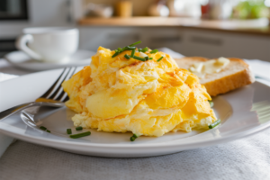 Soft and fluffy scrambled eggs served on a plate with a sprinkle of fresh herbs.