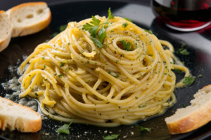 Spaghetti Aglio e Olio with garlic, olive oil, red pepper flakes, and fresh parsley.