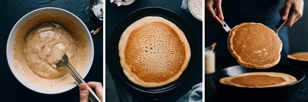 Pancake batter being cooked in a pan, with one pancake being flipped using a spatula.