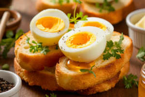 Soft-boiled eggs served with crispy toast slices.