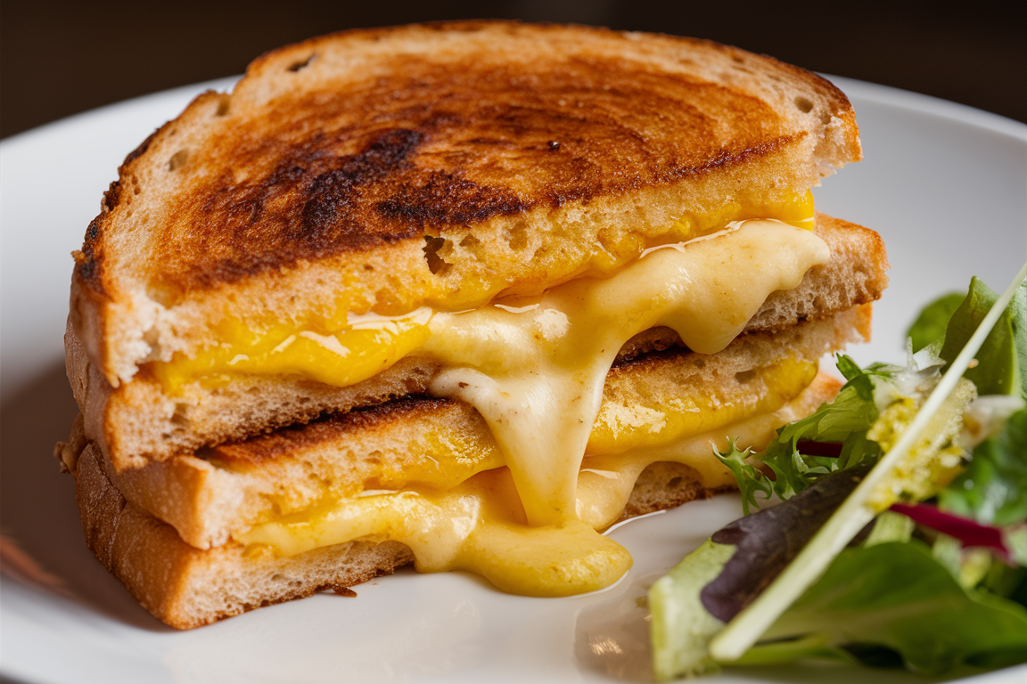 Golden-brown grilled cheese sandwich with melted cheese oozing out.