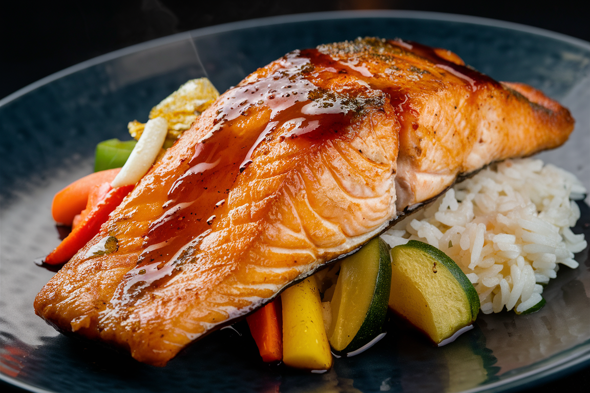 Glazed teriyaki salmon fillet with a shiny caramelized sauce, served with vegetables.