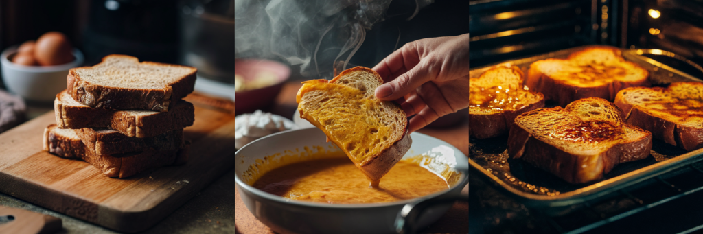 Thick slices of bread dipped in an egg mixture, placed on a baking tray, and baked to a crispy golden brown.