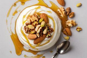 Greek yogurt topped with drizzled honey, chopped nuts, and a sprinkle of seeds.