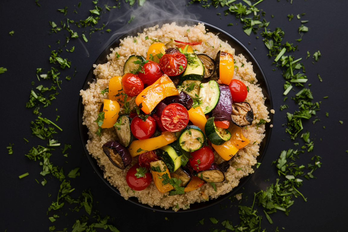 Quinoa bowl with roasted vegetables like bell peppers, zucchini, and sweet potatoes.