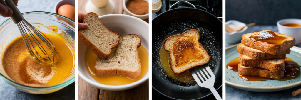 A sequence of images showing egg mixture preparation, dipping bread into the mixture, frying in a pan, and serving with syrup.