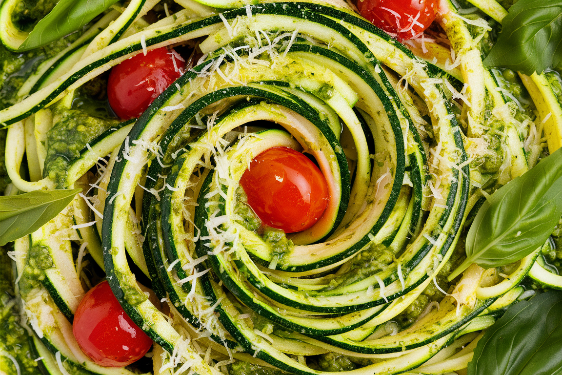 Zucchini noodles topped with fresh pesto sauce and garnished with Parmesan cheese.