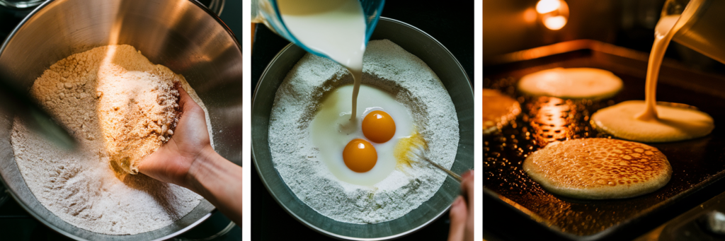 A step-by-step process of mixing pancake batter, pouring it onto a hot griddle, and cooking the pancakes until golden brown.