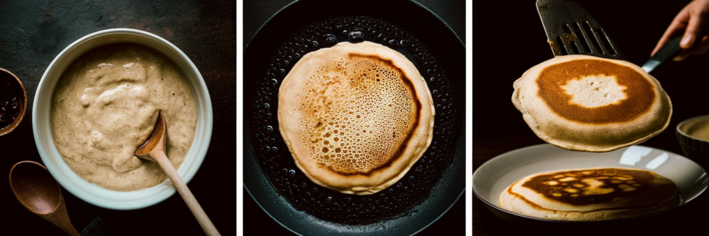 Pancake batter cooking in a pan, forming a golden-brown surface, with one pancake being flipped onto a plate.