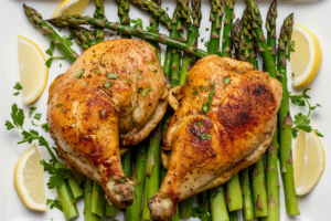 Grilled chicken breast served with tender asparagus spears, lightly seasoned.