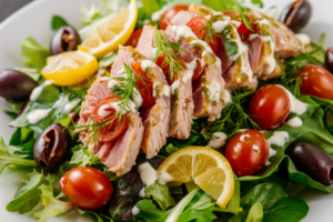 Colorful Mediterranean tuna salad with olives, cucumbers, tomatoes, and feta cheese.