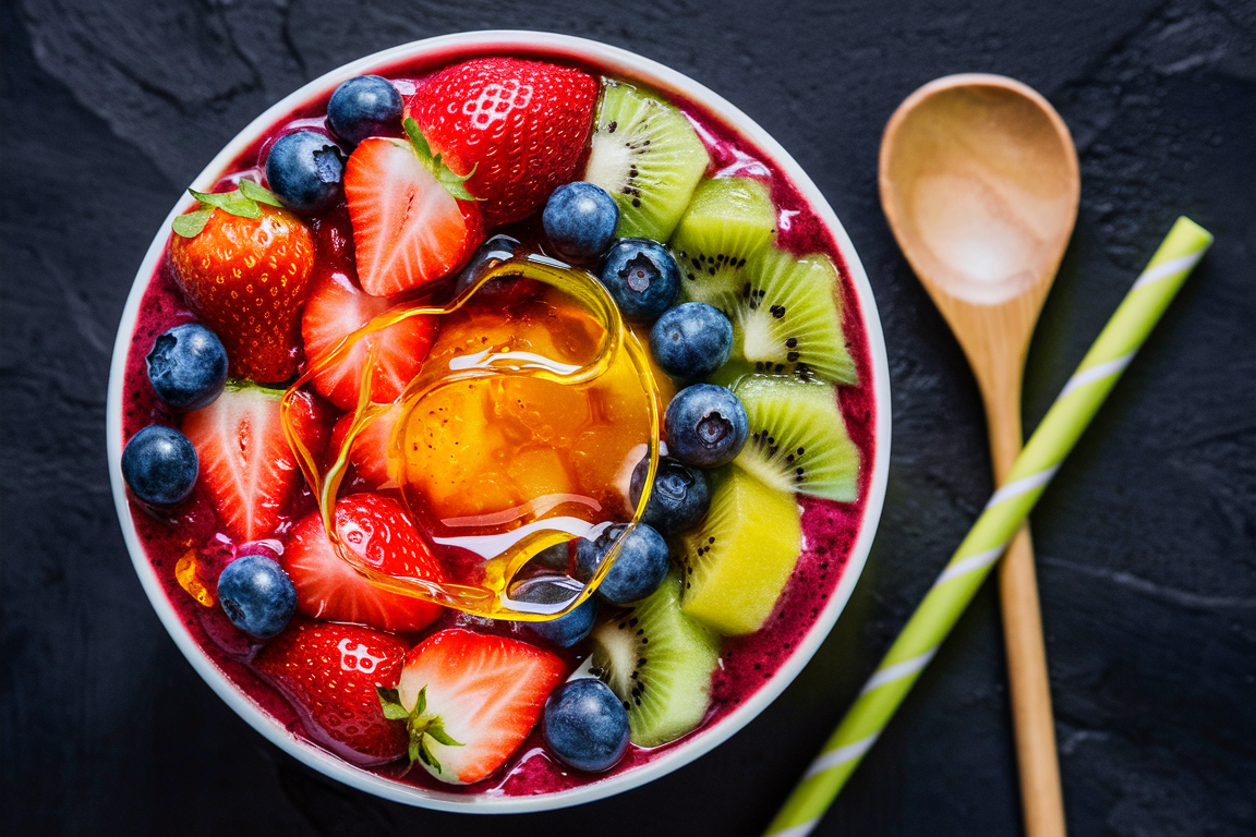 Smoothie bowl topped with fresh fruits, granola, and seeds.